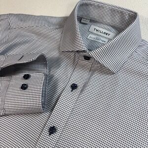Twillory Noniron Safe Cotton Shirt Mens 15.5-34/35 Navy White Plaid Tailored Fit